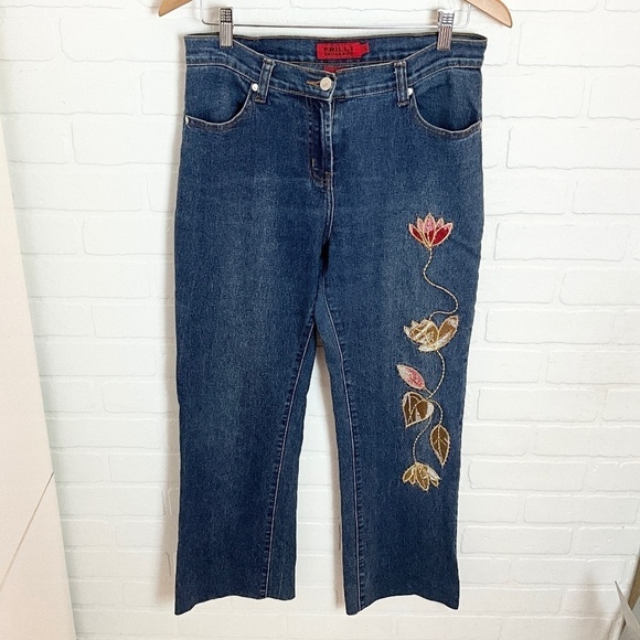 Vintage Y2K Denim Jeans Dark wash Blue Fairy Flowers Embroidered Beaded Sz 8 - Picture 1 of 15